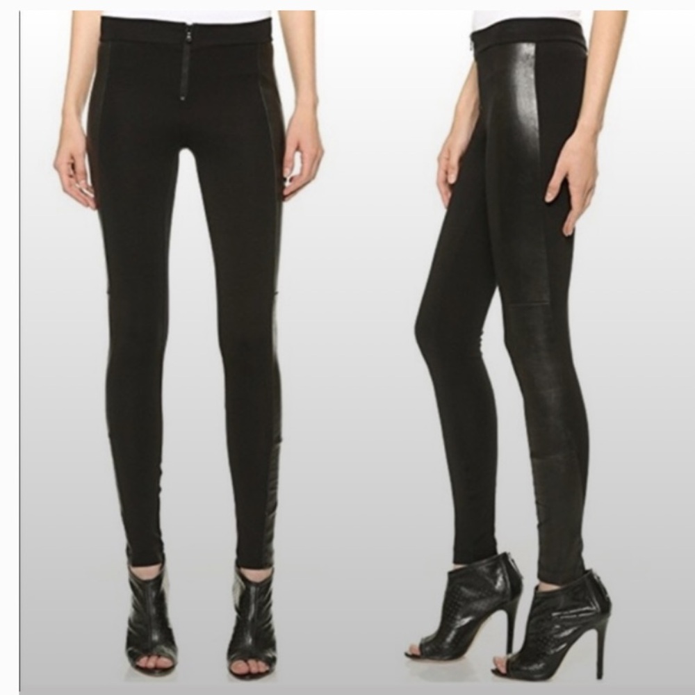 Alice + Olivia Black Leather Panel Front Zip Scoop Pants Lambskin Leggings 6